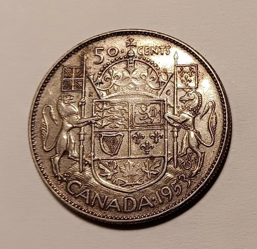1953 Canadian 50 Cents, Elizabeth II, Silver (.800), ASW .3oz  **LOW SHIPPING**