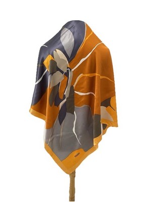 Tekbir Silk Scarf Abstract Floral Leaf Print Orange Gray Black Signed Square#A10