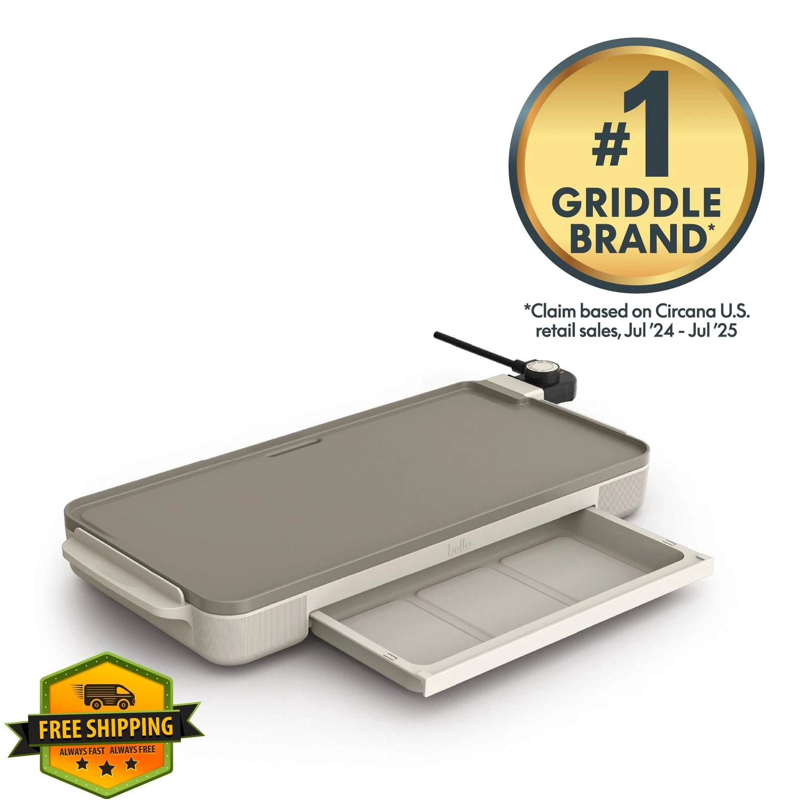 bella 10" x 20" Electric Griddle, Oatmilk, Warming Tray