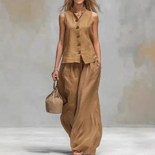 Bohemian High Waist 2Pcs Suit Women Stand Neck Sleeveless Button Vest Oversized 