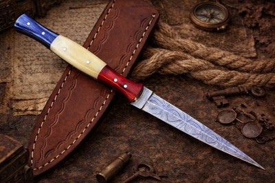 Damascus Double Edge Blade Dagger Boot Knife Biker Flag Handle