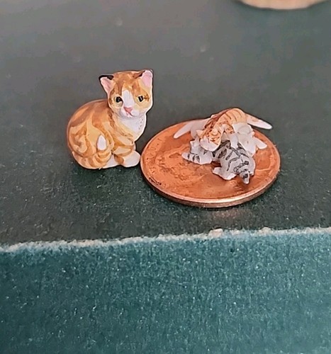 Vintage Miniature Dollhouse Artisan Jackie Transue Tiny Cat & Kittens Porcelain