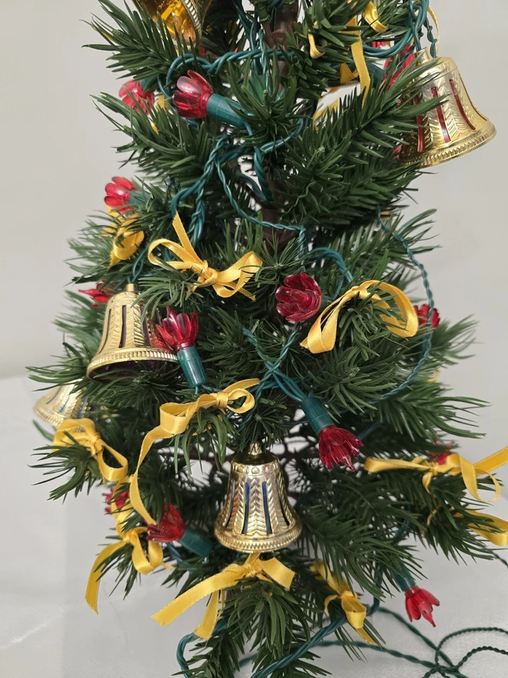 21" Artificial Christmas Tree with Red Tulip Lights Gold Ribbon Gold Bell Star - Image 3 of 4