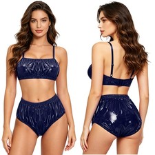 Damen Wetlook PU Leder Dessous Crop Top und B...