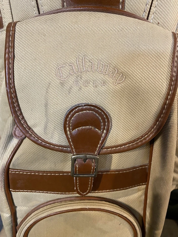 Bolsa de golf Callaway RETRO vintage RARA caqui de 7 vías premium para llevar con adornos de cuero Foto 3 de 4