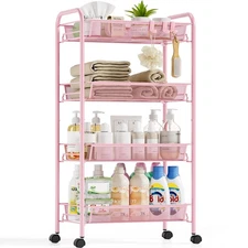 4-Tier Metal Utility Cart, Mesh Wire Rolling Cart on Wheels, Storage Trolley ...