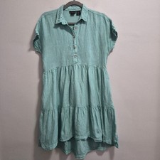 Tahari 100% Linen Tiered Mini Babydoll Turquoise Shirt Dress Size XS