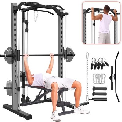 Smith Machine Power Cage All-in-One Power Rack with Cable Machine & Barbell Bar