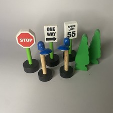 90's Brio Wooden Train Track Accessories Trees Signs Lights Lot 7 Pieces 