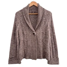 M&S Cardigan Size UK 14 Angora Wool Blend Soft Cable Knit Shawl Collar Brown Y2K