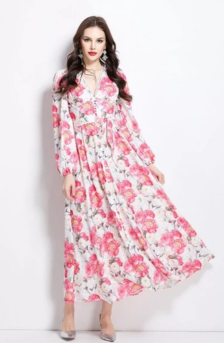 Vestido Mujer Elegante Largo Suave Satén Tobillos Blanco Rosa Flores Gipsy 39117 - Imagen 3 de 5