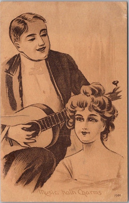 1911 Romance Greetings Postcard Man Playing GUITAR for Woman ''Music Hath Charms''