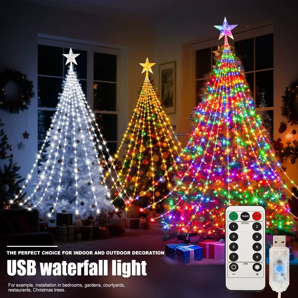 Luces LED Cascada Árbol de Navidad - RGB Impermeable Cadena de Hadas USB 2/3M Foto 2 de 4
