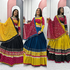 Women Readymade Riyon Cotton Lehenga Choli Sequence Work Bandhani Dupatta Set