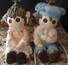 VINTAGE - RAGGEDY ANN  ANDY LAMPS - SIGNED - HAND PAINTED - HEAVY RARE SET