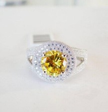 Canary Yellow Round Cut 2.35CT Citrine With Bright White 1.13CT CZ Halo Ring
