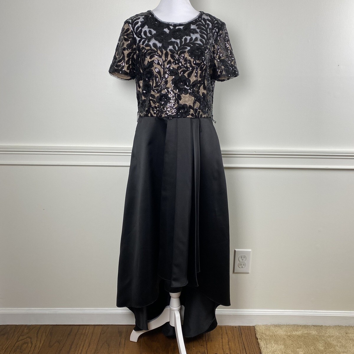 R&M Richards 10 Black Sequin Embroidered Sheer Short Sleeve Hi Low Satin  Dress | eBay