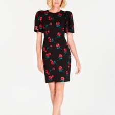 Calvin Klein Black Floral Embroidered Puff Sleeve Sheath Dress Size 6