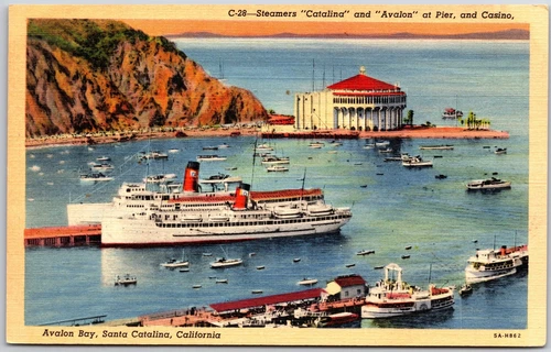Santa Catalina California CA, Avalon Bay, Steamer Ship, Pier, Casino, Postcard