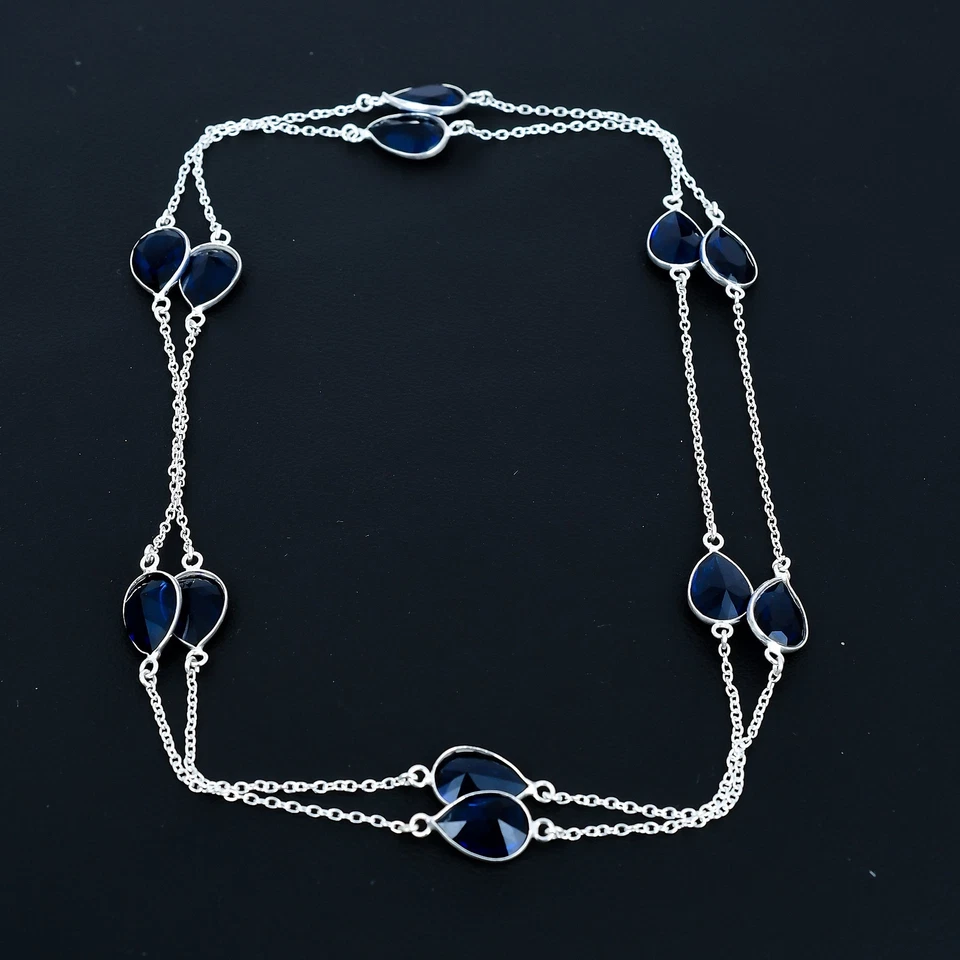 Collar de joyería hecha a mano de piedras preciosas de pera de plata esterlina 925 de iolita 36" VJ 268 Foto 2 de 4