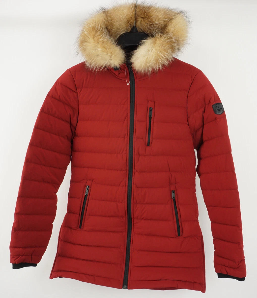 New 995 Moose Knuckles Roselawn Goose Down Fox Fur Parka Women s Size S Red