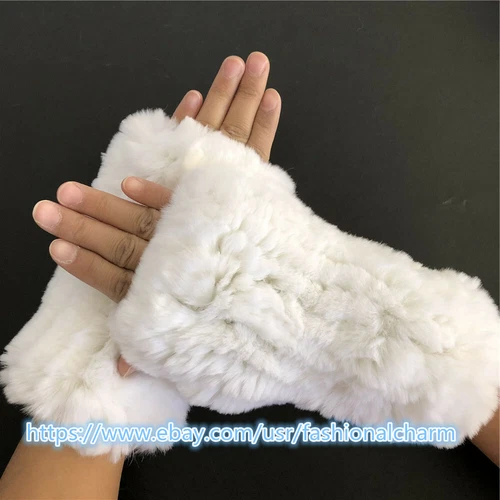 Womens Winter Real Rabbit Fur Gloves Knitted Stretch Fingerless Mitten Gloves - Picture 77 of 102