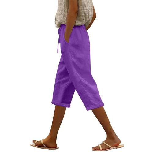 Women's Fashion Casual Loose Solid Colour Cotton Linen Drawstring 7/10 Pants - Picture 6 of 72