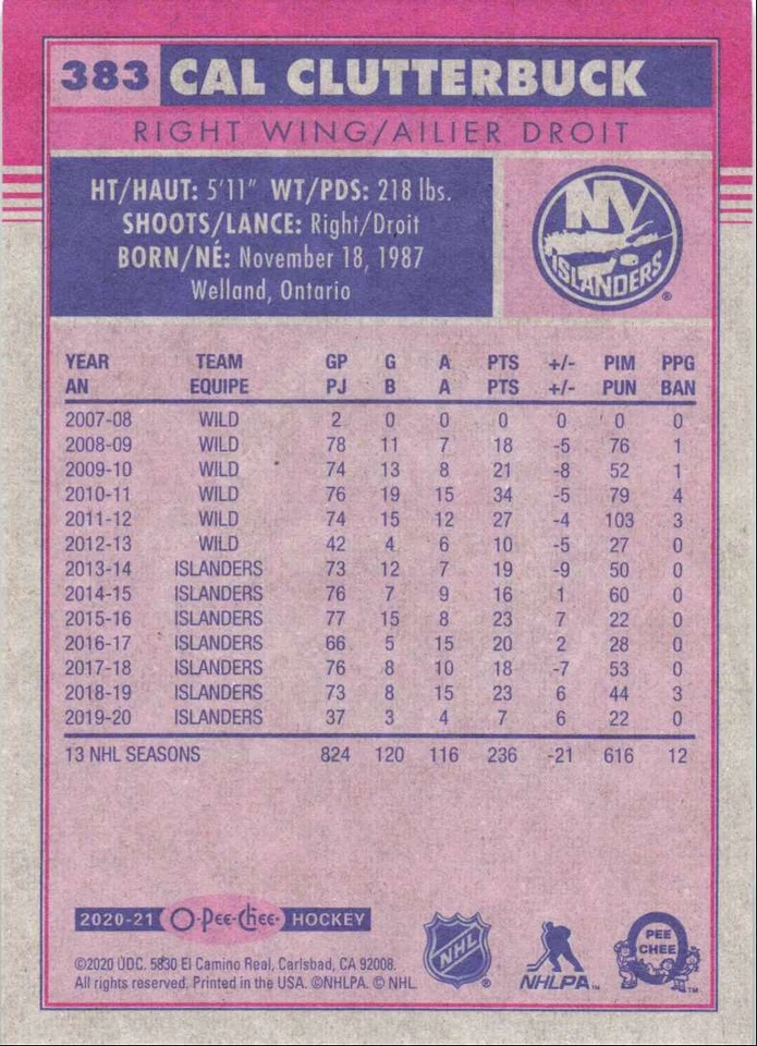 2020-21 O-Pee-Chee Retro Cal Clutterbuck New York Islanders #383 - Image 2 of 2