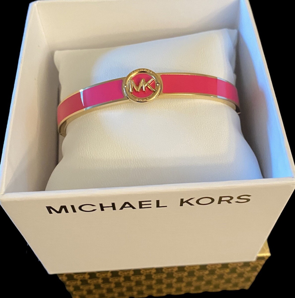 Michael Kors Haute Gold Tone Fuchsia Coral Enamel Bangle Bracelet