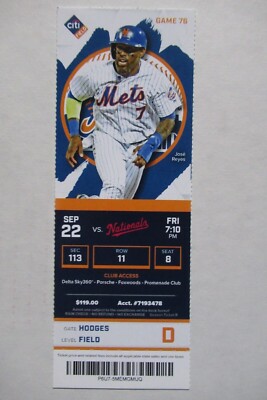 NEW YORK METS VS NATIONALS 9/22/2017 FULL TICKET ~ TRAVIS D'ARNAUD (2 HRs)