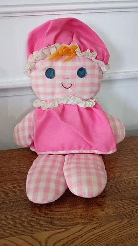 1975 VTG FISHER PRICE #420 LOLLY WEARING PINK GINGHAM RATTLE DOLL PLUSH VGUC