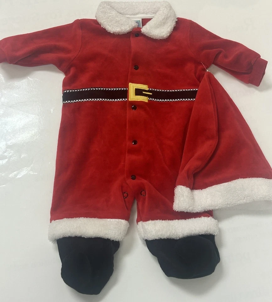 Little Me One Piece Santa Suit Hat Boy Christmas Holiday Red Outfit 3 Months - Image 2 of 4