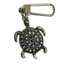 Marcasite Crystal Turtle Keychain Zipper Pull Purse Charm Backpack Silver Plated