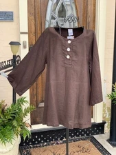 HLT1125 Chocolate XLarge NWT Match Point Linen Shirt Blouse Button Dark Brown
