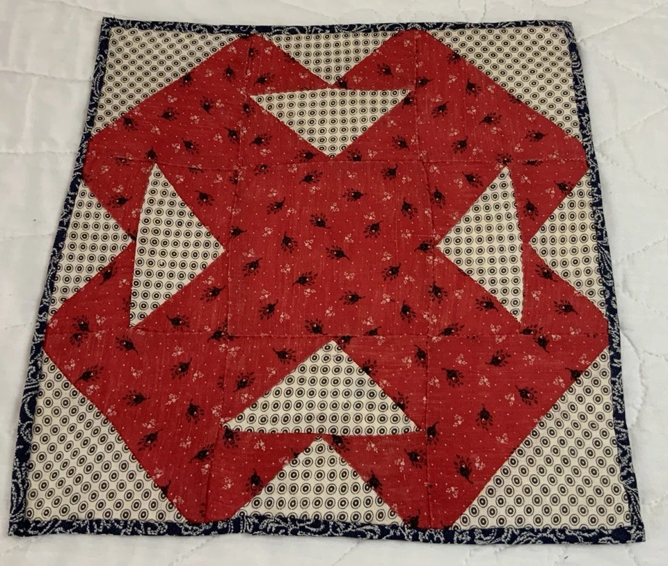 Antique Patchwork Quilt Table Topper, Early Calicos, Florals, T’s, Red, White - Image 2 of 4