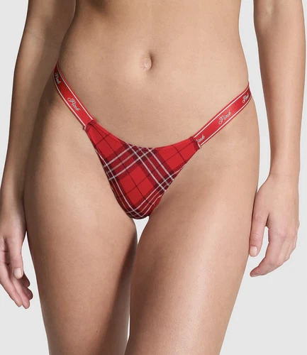 VICTORIA'S SECRET PINK High Leg Cotton Micro Thong Panty VS Red Plaid Sz Medium