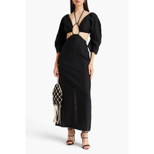 Mara Hoffman Celia Dress Black Linen Cutout Maxi Tie Back Puff Sleeves Sz 4