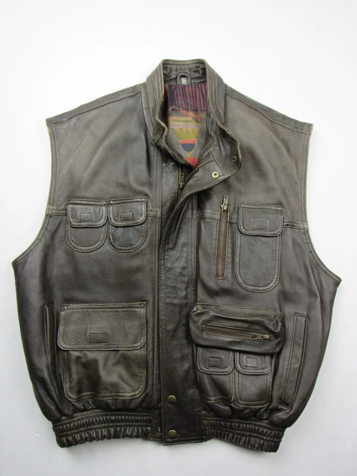 Vtg 1980's Leather Vest Safari Utility Pockets Hunting Photography XL 80s Bomber