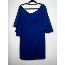 Calvin Klein Dress Royal Blue Off-The-Shoulder Zip Ruffled Short Sleeve Sz 16