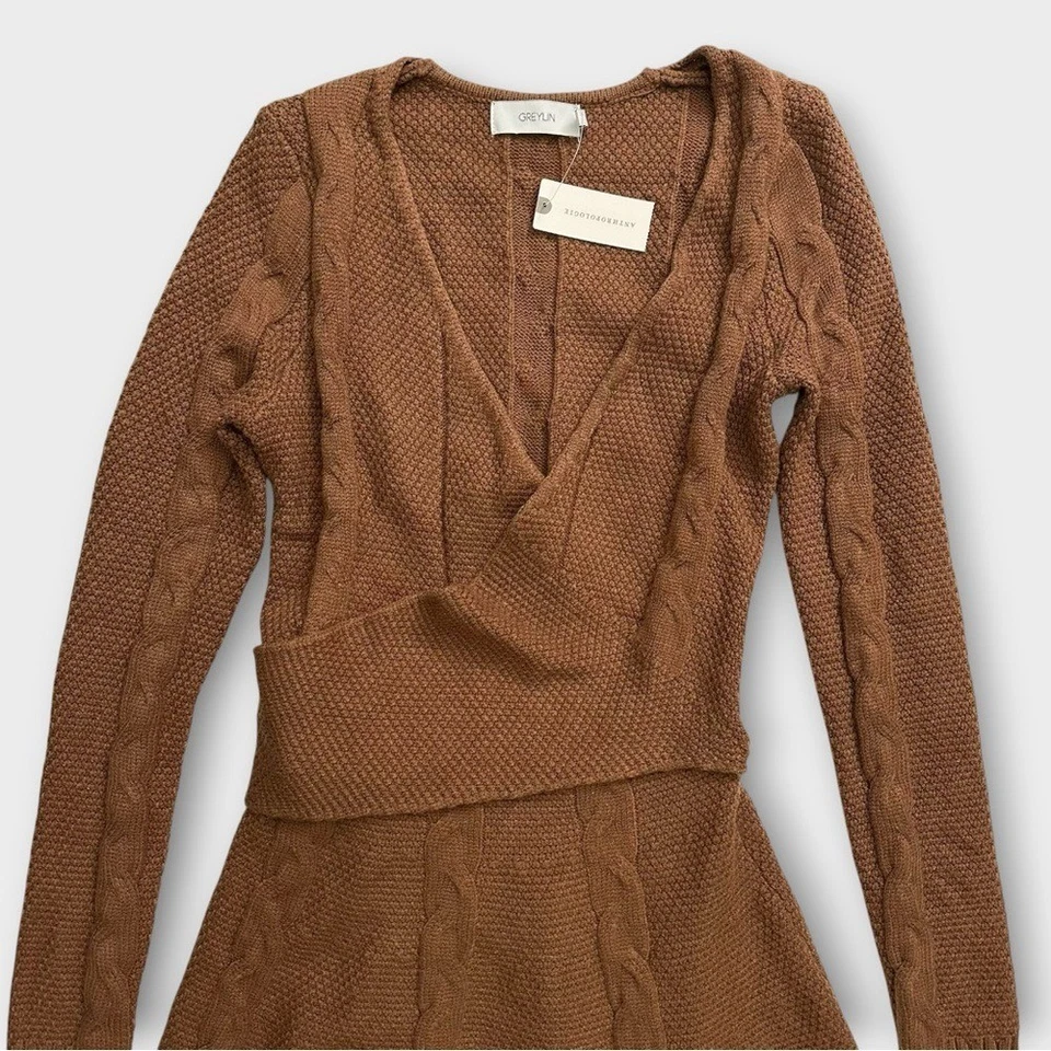 Anthropologie Greylin Wrap Sweater Mini Dress Size XXS Brown Cable Knit NWT - Image 4 of 4