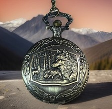 Wolf Pocket Watch Quartz Bronze Tone Open Face Forest Scene w/ Chain W16