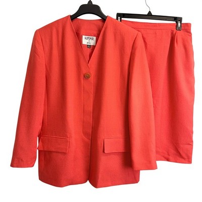 Kasper for ASL Womens Vintage Coral Orange Skirt Suit Set Size 16 Blazer Skirt