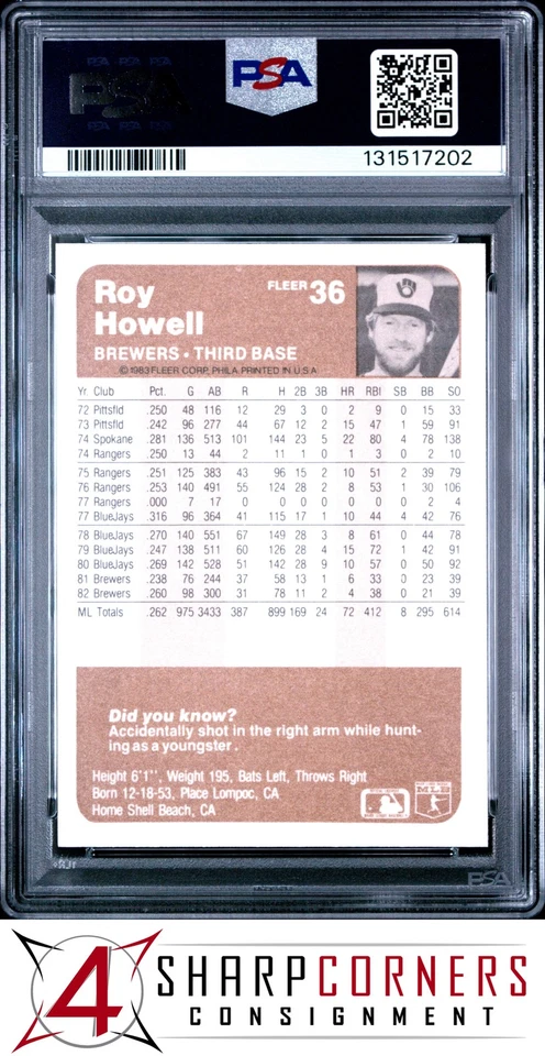 1983 FLEER #36 ROY HOWELL BREWERS PSA 10 - Image 2 of 3