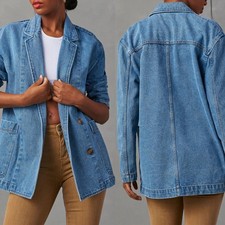 Women Denim Long Sleeve Blazer Jacket Fashion Jeans Casual Waistcoat 321371