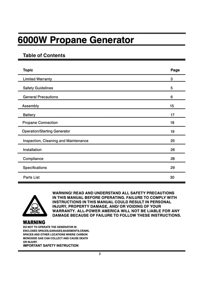 Owners Manual All-Power 6000-Watt Propane Portable Generator - Model APG3560CN - Image 3 of 4