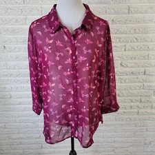 Attention Womens Top 1X Plus 3/4 Sleeve Purple Floral Lightweight Sheer Buttons