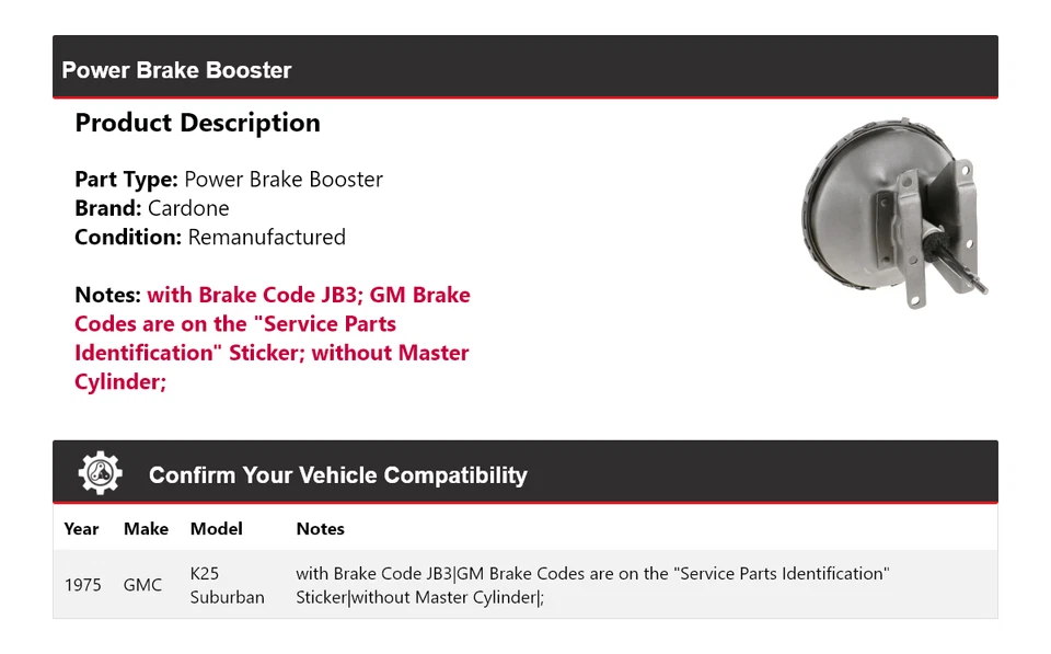 Para GMC K25 1975 Suburban Power Brake Booster Cardone Foto 2 de 4