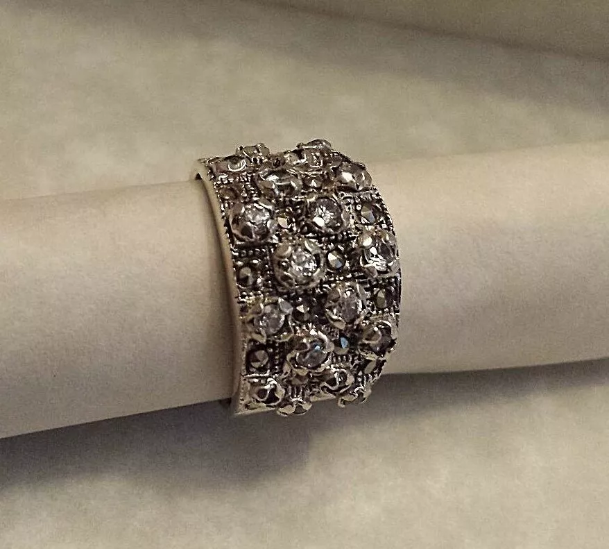 HAN 925 CLUSTER RING CZ STONES Size 8.5 Marcasites STERLING SILVER 11.9 Grams 39