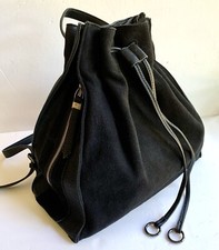Moda Luxe Large Black Genuine Leather Suede Drawstring Bucket Backpack Tote Bag