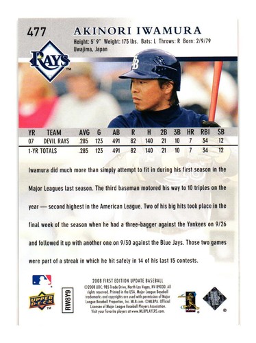 2008 Upper Deck First Edition #477 Akinori Iwamura Tampa Bay Rays - Picture 2 of 2